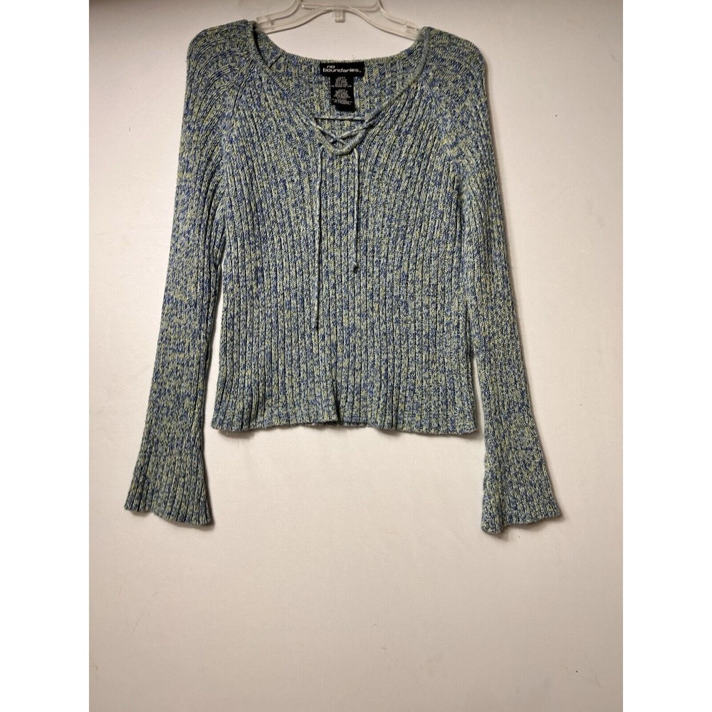 VTG Y2K Blue Green Marled Ribbed Lace Up V-Neck Bell Sleeve Sweater LG Festival